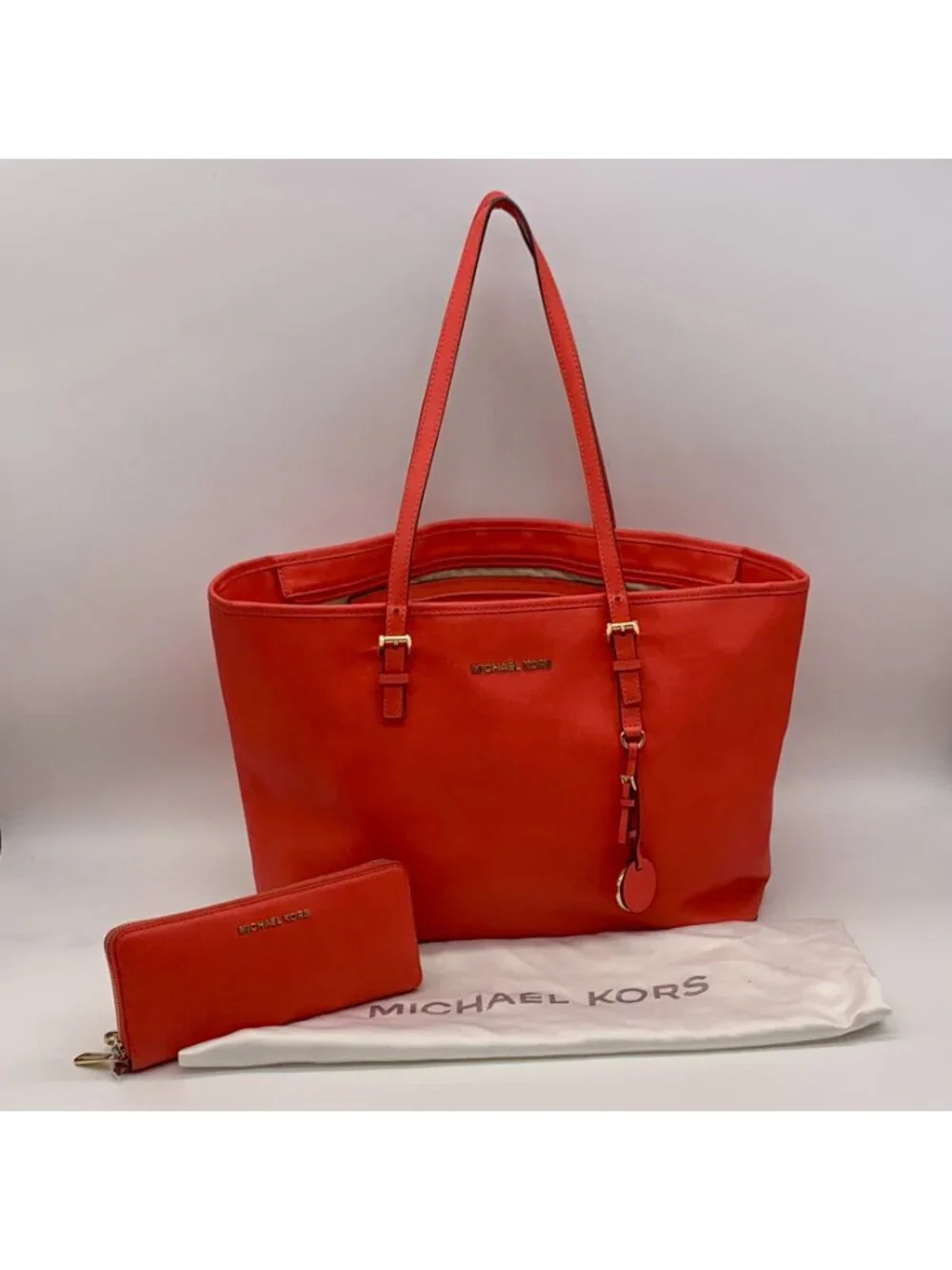 Michael Kors Coral Saffiano Leather Work Tote And Wallet